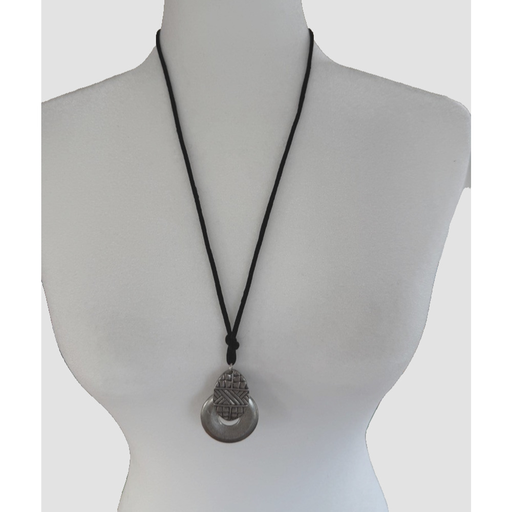 Handmade Silvertone Boho Tribal Necklace Pendant Satin Cord 26.75" Unisex Brutal